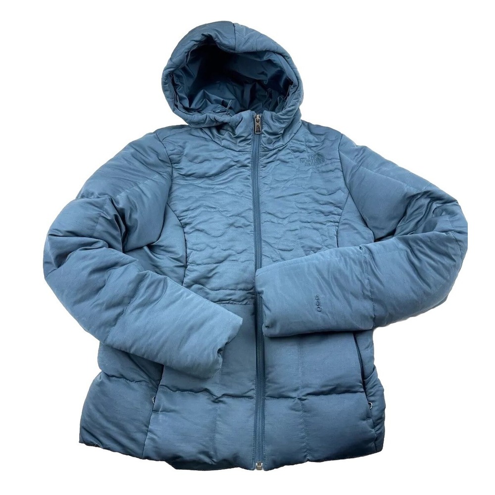 The North Face Hooded Jacket Coat 550 Down Womens Small Blue Puffer Front Design